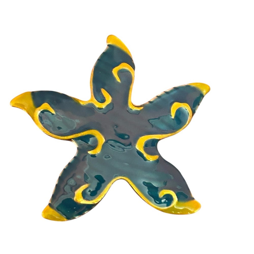 Vintage MJ Signed Blue Green Starfish Pin Brooch Jewelry Beach Cruisewear Resort